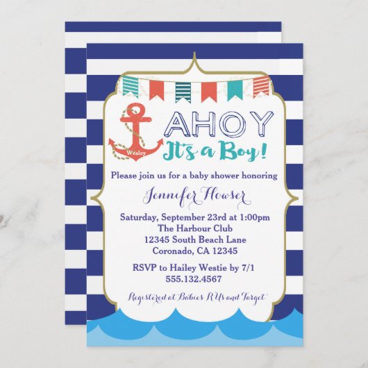 航海のな男の赤ちゃんのシャワーの招待状の濃紺 招待状 (正面/裏面)