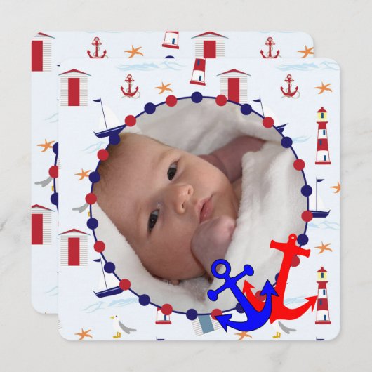 航海のな男の赤ちゃんの名前入りな写真の発表 招待状 (正面/裏面)