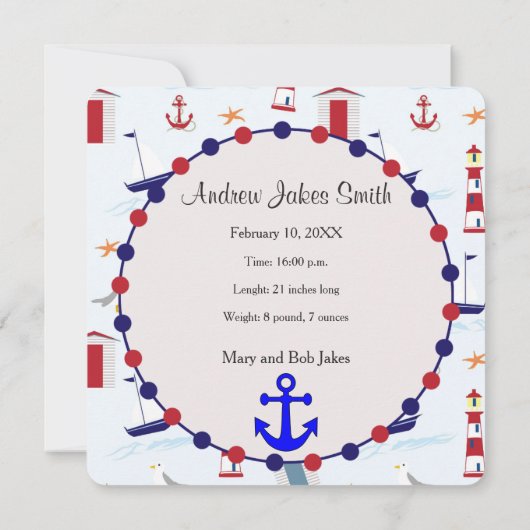 航海のな男の赤ちゃんの名前入りな写真の発表 招待状 (裏面)