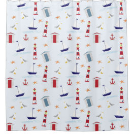 航海のな航行ボートの灯台ビーチ小屋パターン シャワーカーテン