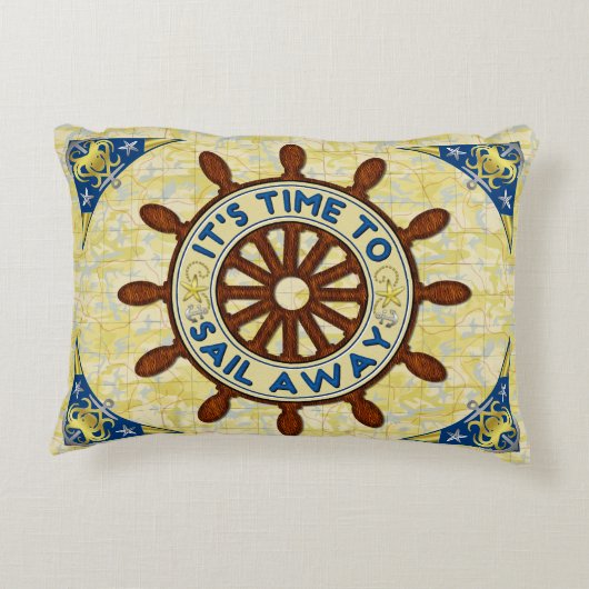 航海のな船の舵輪の木製の車輪の遠くにな古い地図の帆 アクセントクッション (裏面)