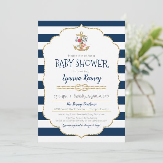 航海のな花のいかりの濃紺のベビーシャワー 招待状 (スタンド正面)