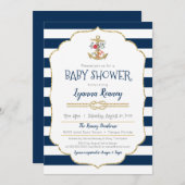 航海のな花のいかりの濃紺のベビーシャワー 招待状 (正面/裏面)