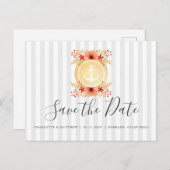 航海のな花の金ゴールドのいかりの結婚式の保存日付 案内ポストカード (正面/裏面)