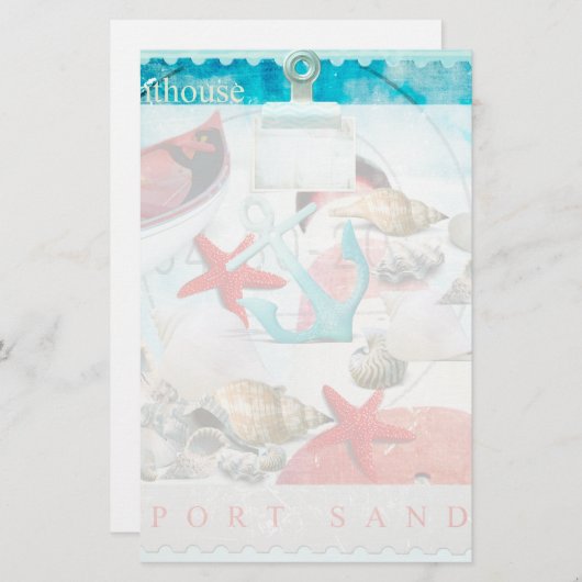 航海のな貝殻のいかりのヒトデのビーチのテーマ 便箋 (正面/裏面)