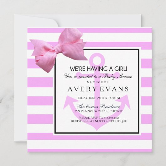 航海のな赤面のピンクのいかりそれは女の子のベビーシャワーです 招待状 (正面)