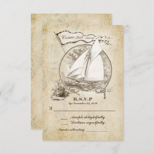 航海のな遠くになヨットの結婚式によってRSVP来られる帆 出欠カード (正面/裏面)