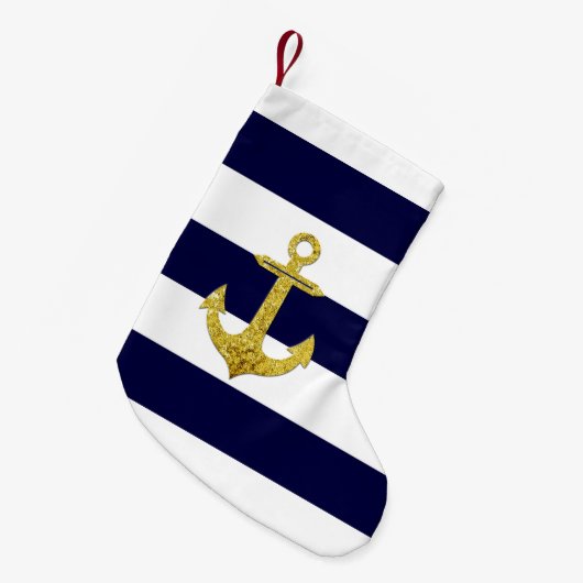 航海のな金ゴールドのいかりは縞で飾ります スモールクリスマスストッキング (正面 (吊り時))