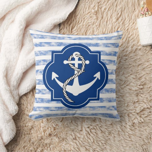 航海のな青い縞が付いているいかりのシルエット クッション (ブランケット)