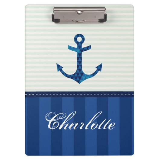 航海のな青い縞パターンいかりの名前をカスタムする クリップボード (正面)