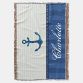 航海のな青い縞パターンいかりの名前をカスタムする スローブランケット (正面縦)