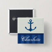 航海のな青い縞パターンいかりの名前をカスタムする 缶バッジ (正面&裏面)