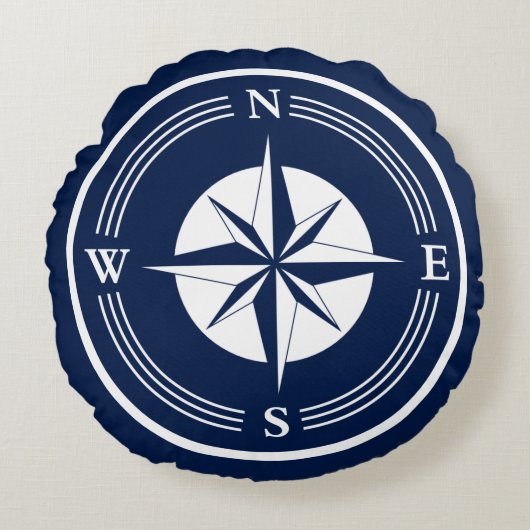 航海のな青および白く航海のなコンパス ラウンドクッション (正面)