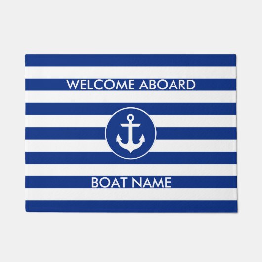 航海のな青の歓迎のボートの名前のストライプのなドア・マット ドアマット (正面)