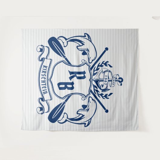 航海のな頂上のイルカのいかりのオールの月桂樹の盾 タペストリー (正面(横))