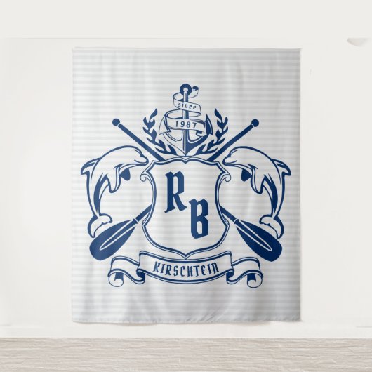 航海のな頂上のイルカのいかりのオールの月桂樹の盾 タペストリー (正面)