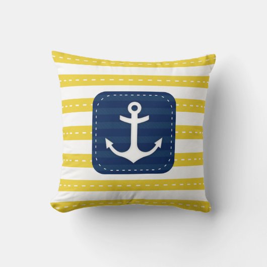 航海のな黄色のストライプの濃紺の旗のいかり クッション (正面)