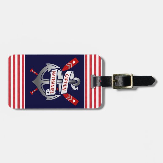 航海のなName |いかりの大尉海軍赤のストライプ ラゲッジタグ (正面横)