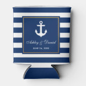 航海ののネイビ結婚ー・ブルーストライプの金ゴールド・フレーム 缶クーラー (正面)