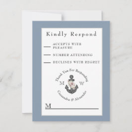 航海ののフローラ結婚いかりネイビーブルーホワイト 出欠カード