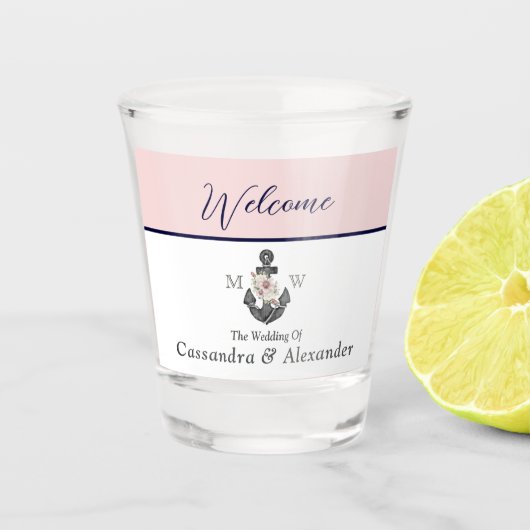 航海ののフローラ結婚いかりピンクネイビーウェルカム ショットグラス (正面)