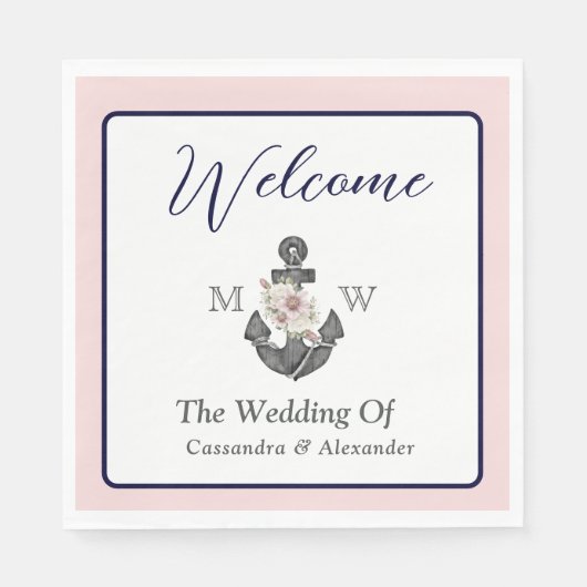 航海ののフローラ結婚いかりピンクネイビーウェルカム スタンダードランチョンナプキン (正面)