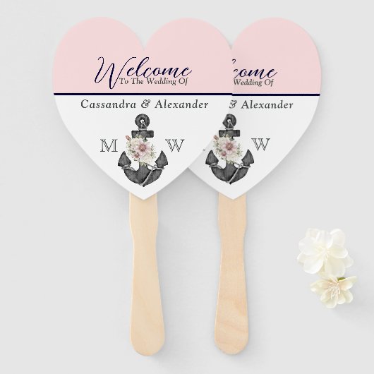 航海ののフローラ結婚いかりピンクネイビーウェルカム ハンドファン (正面&裏面)