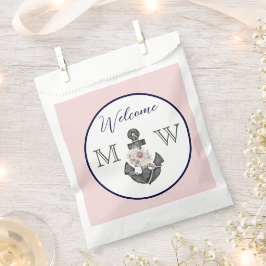 航海ののフローラ結婚いかりピンクネイビーウェルカム フェイバーバッグ (クリップ留めされた状態)