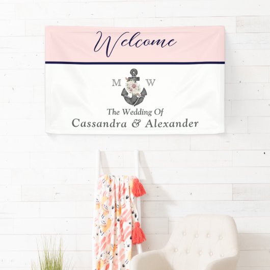 航海ののフローラ結婚いかりピンクネイビーウェルカム 横断幕 (インサイチュ)