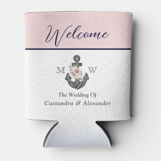 航海ののフローラ結婚いかりピンクネイビーウェルカム 缶クーラー (正面)