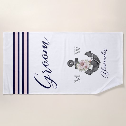 航海ののフローラ結婚いかりピンクネイビーグルーミング ビーチタオル (正面)