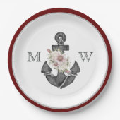 航海ののフローラ結婚いかりマルーンレッドホワイト ペーパープレート (正面)