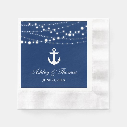 航海のの結婚いかりストリングライトNavy Blue 縁ありカクテルナプキン (正面)