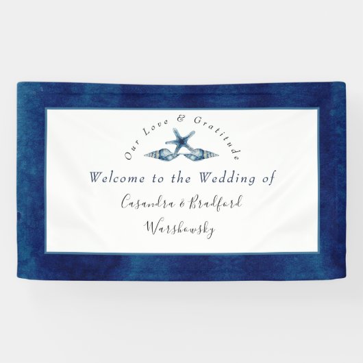 航海のの結婚ビーチシーシェルネイビーブルーホワイト 横断幕 (横)