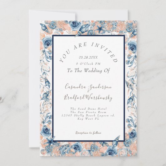 航海のの結婚ビーチシーシェルフラワーズバラネイビー 招待状 (正面)