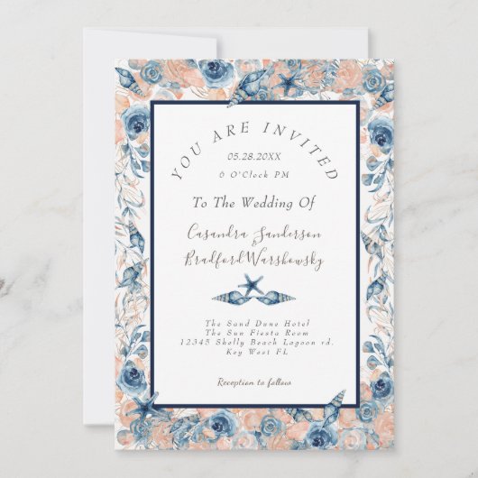 航海のの結婚ビーチシーシェルフラワーズバラPc 招待状 (正面)