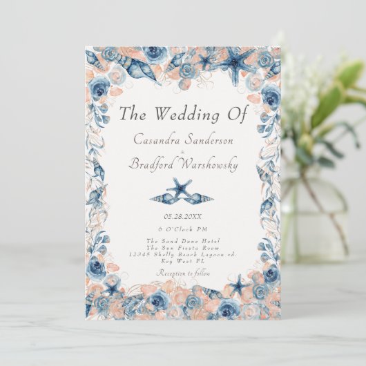 航海のの結婚ビーチシーシェル花バラ 招待状 (スタンド正面)