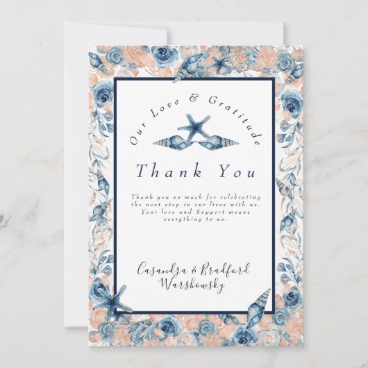 航海のの結婚ビーチ貝の花バラ サンキューカード (正面)
