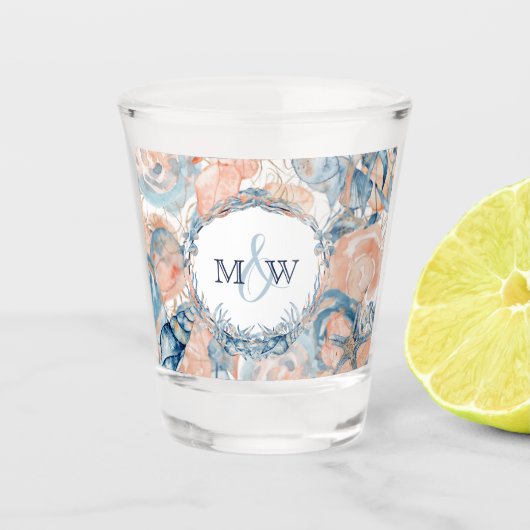 航海のの結婚ビーチ・シーシェルとバラ ショットグラス (正面)