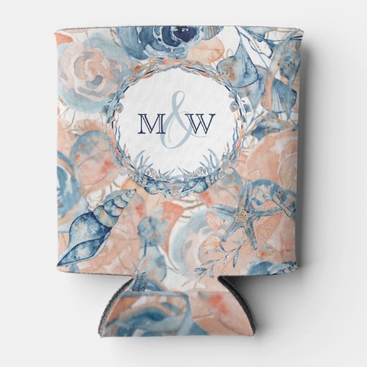 航海のの結婚ビーチ・シーシェルとバラ 缶クーラー (正面)