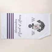 航海のの結婚フローラいかりネイビーメイド・オブ・オーナー（花嫁付き添い人） ビーチタオル (正面)