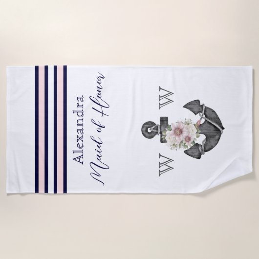航海のの結婚フローラいかりネイビーメイド・オブ・オーナー（花嫁付き添い人） ビーチタオル (正面)