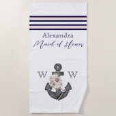 航海のの結婚フローラいかりネイビーメイド・オブ・オーナー（花嫁付き添い人） ビーチタオル (正面)