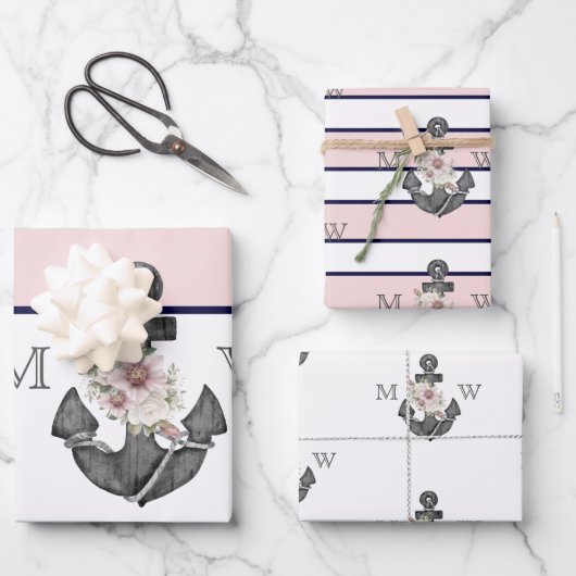 航海のの結婚フローラいかりピンク海軍 ラッピングペーパーシート (正面)