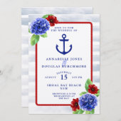 航海のの結婚白い赤い青のフローラ水色 招待状 (正面/裏面)