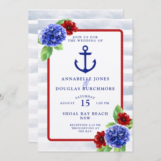 航海のの結婚白い赤い青のフローラ水色 招待状 (正面/裏面)