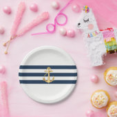 航海のの結婚金ゴールドいかりネイビストライプー ペーパープレート