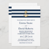 航海のの結婚金ゴールドいかりネイビストライプー 招待状 (正面/裏面)