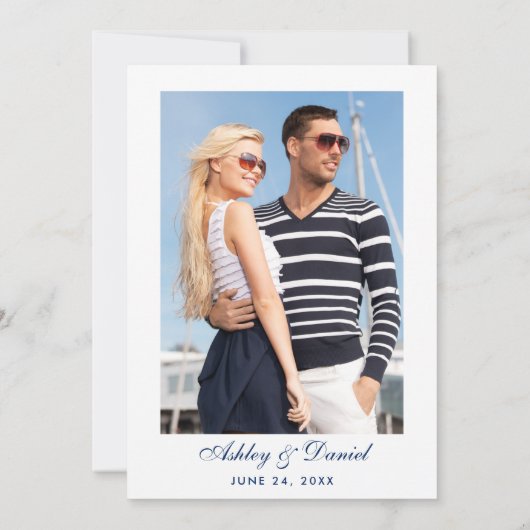 航海のの青い結婚フローラストライプピンク写真 招待状 (裏面)