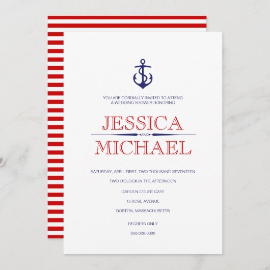 航海のウェディングシャワーいかりとパターン線 招待状 (正面/裏面)